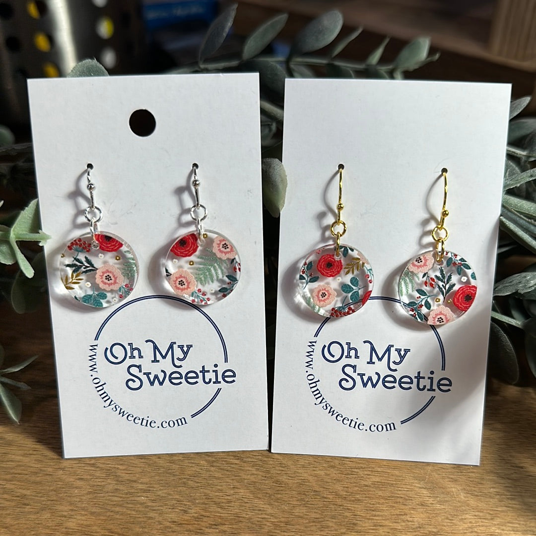 Christmas Floral Small Circle Round Earrings