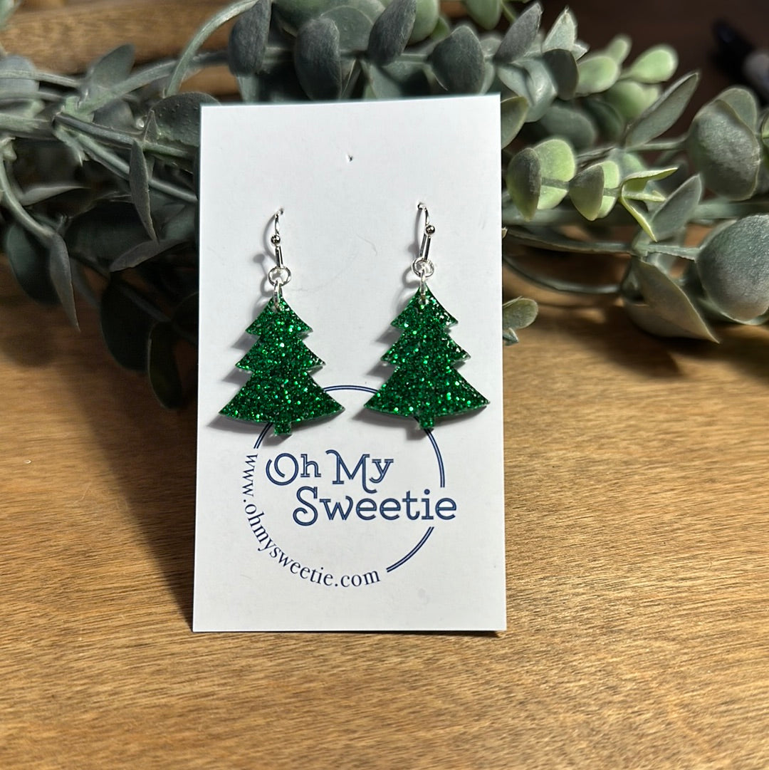 Green Glitter Small Tree Earrings