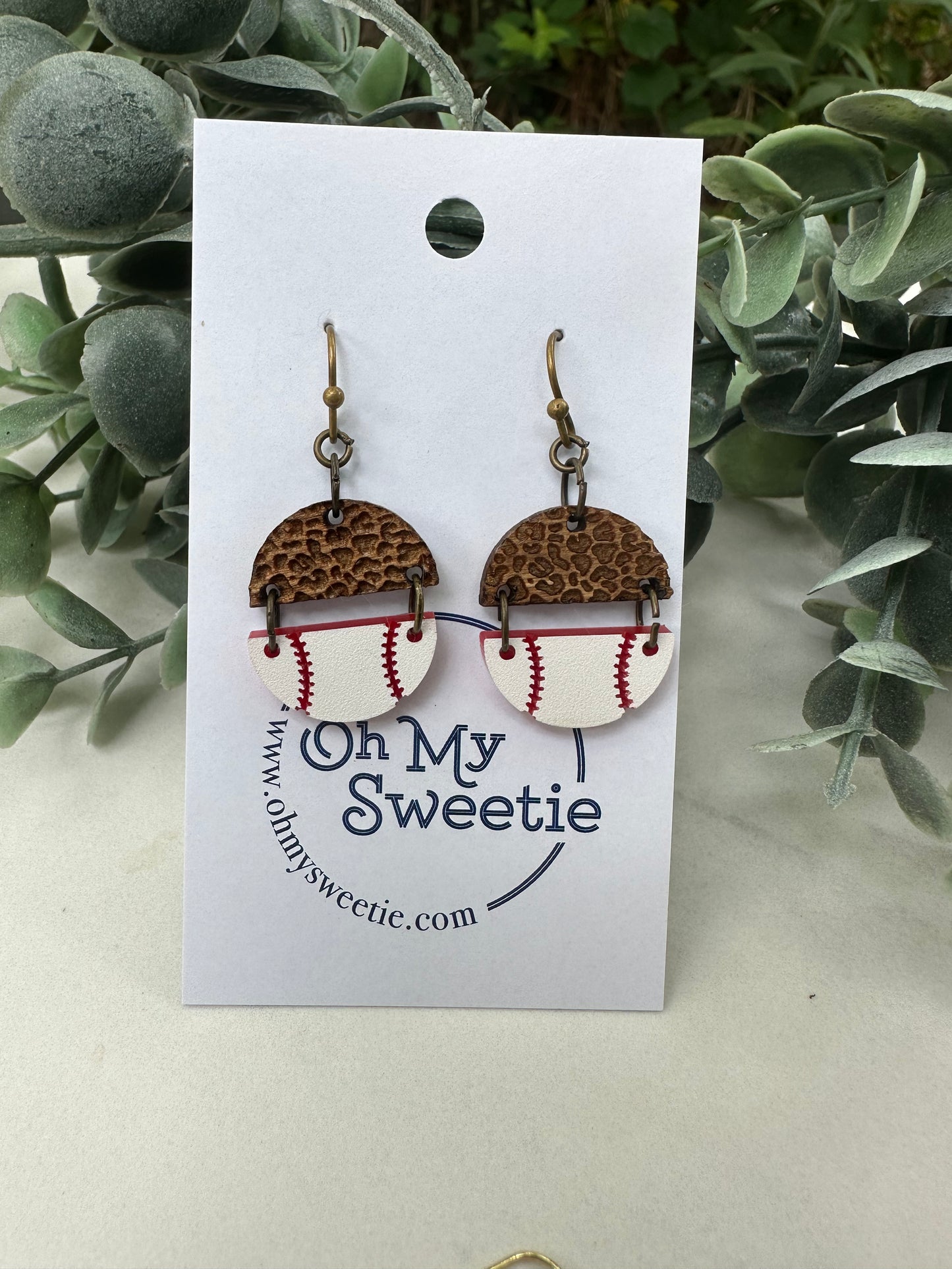 Baseball Small Round Leopard Earrings