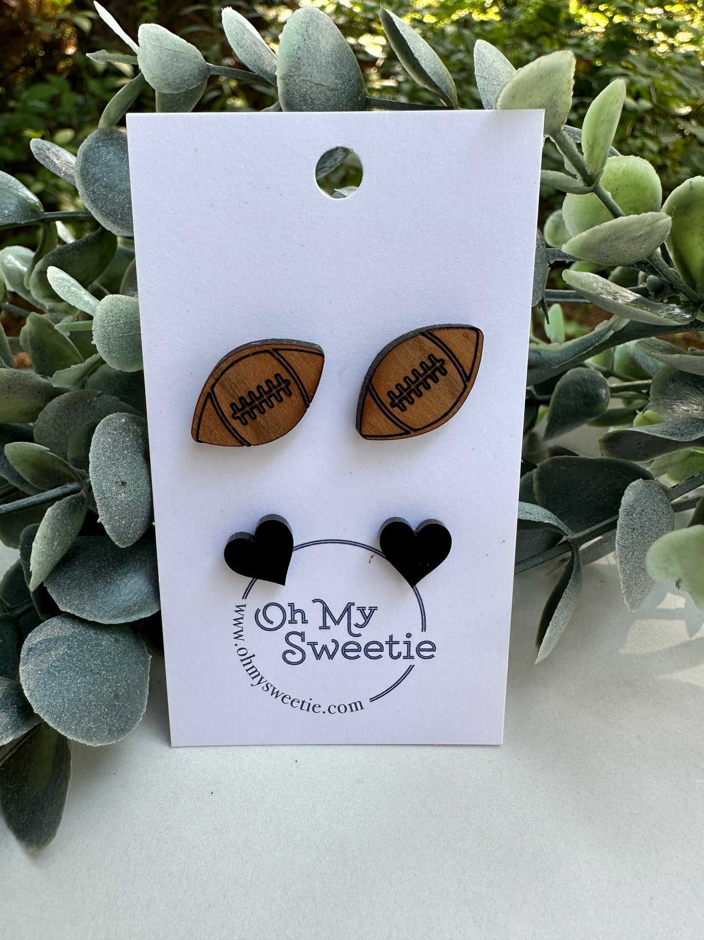 Football Wood Studs w/ bonus Heart Studs