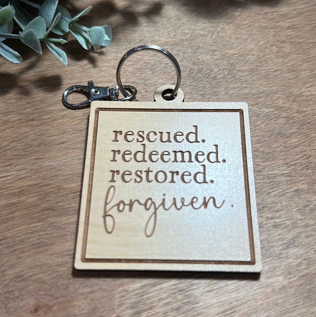 Rescued. Redeemed. Restored. Forgiven Keychain