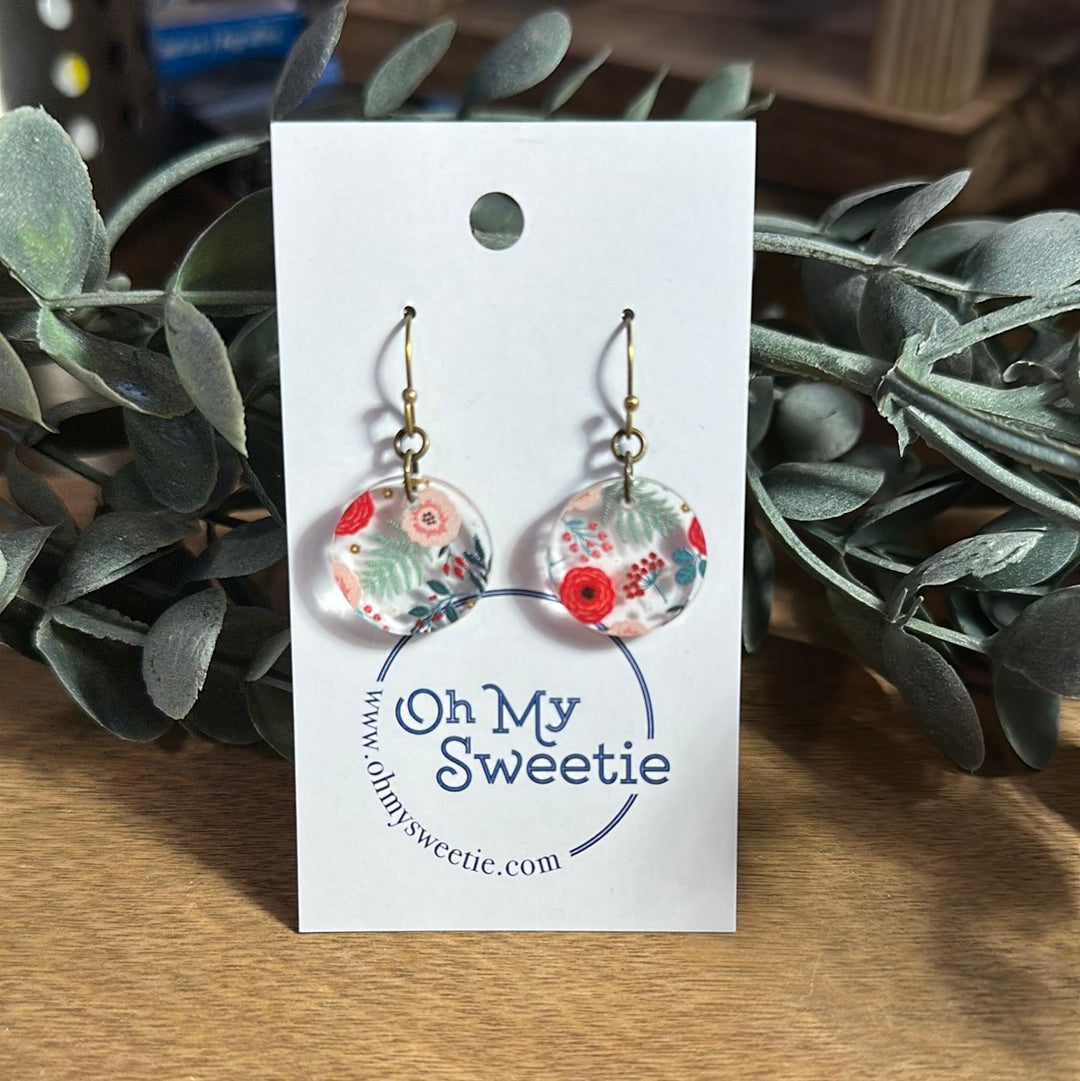 Christmas Floral  Small Circle Round Earrings