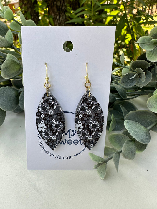 Black Floral Ellipse Earrings