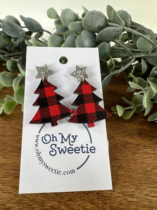 Christmas Tree Earrings - Red Buffalo Plaid