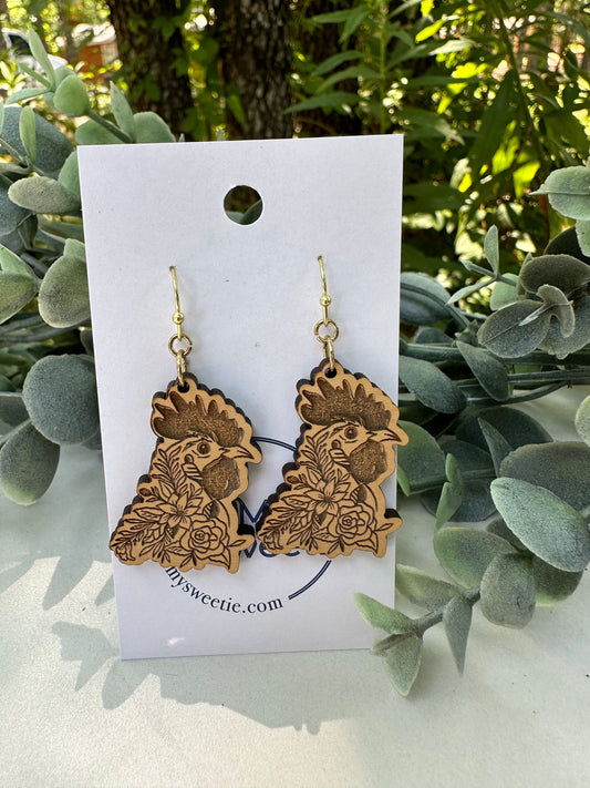 Engraved Floral Rooster Earrings