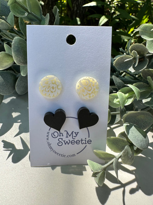 White Lace 15mm Studs and Black Heart Studs