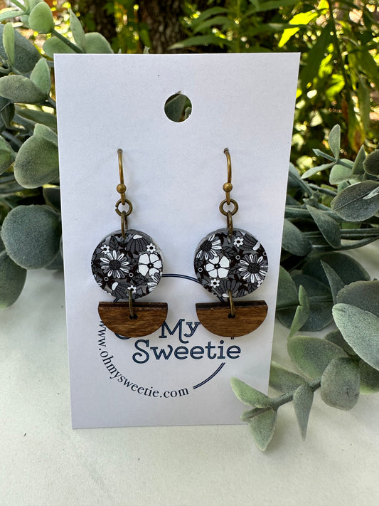 Black Floral Single Half  Drop Earrings