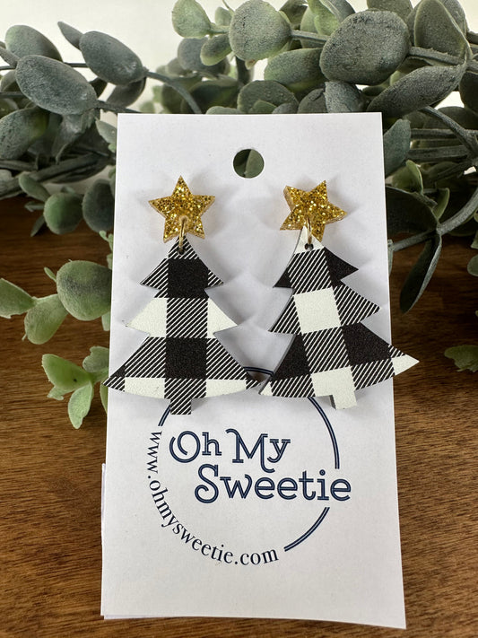 Christmas Tree Earrings - White Buffalo Plaid