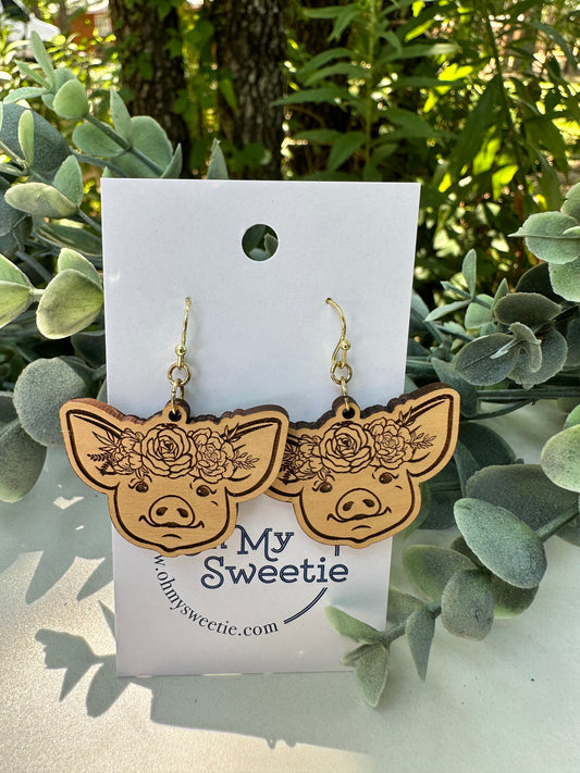 Engraved Floral Pig Earrings