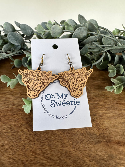 Engraved Floral Highland Cow Earrings