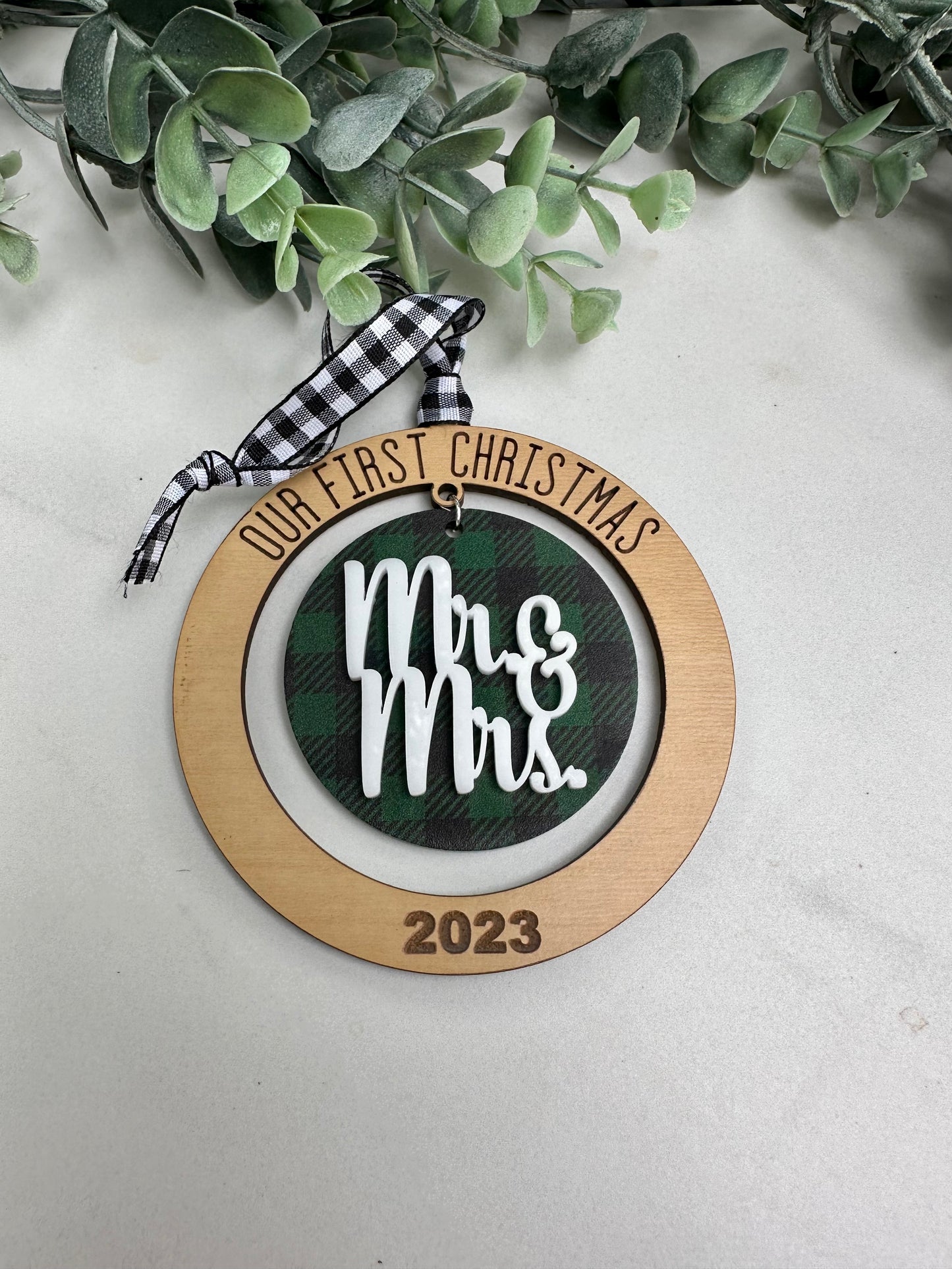 "Our First...Mr. & Mrs."  Ornament (Green plaid)