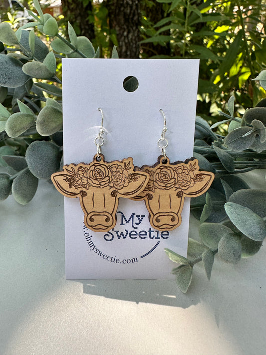 Engraved Floral Cow Earrings